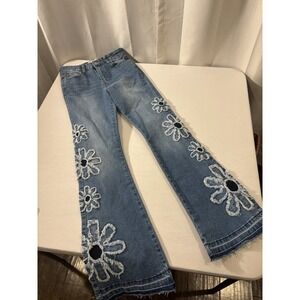 Ashley Mason Jeans Womens 1/25 Floral Flare Hippie Boho Raw Hem